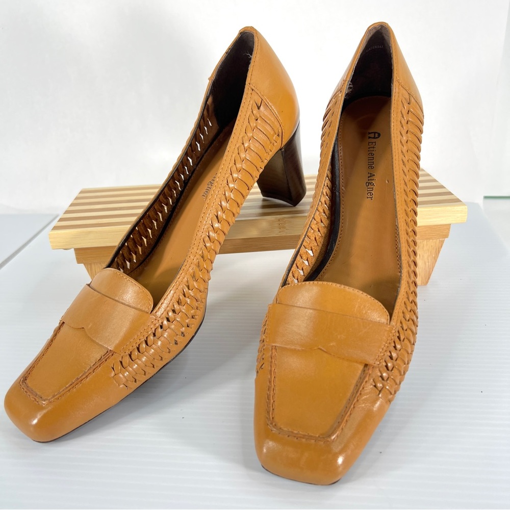 Etienne Aigner Sz 9M Genuine Leather Loafer Pump Heel Brown Drew Closed Toe - Picture 8 of 14